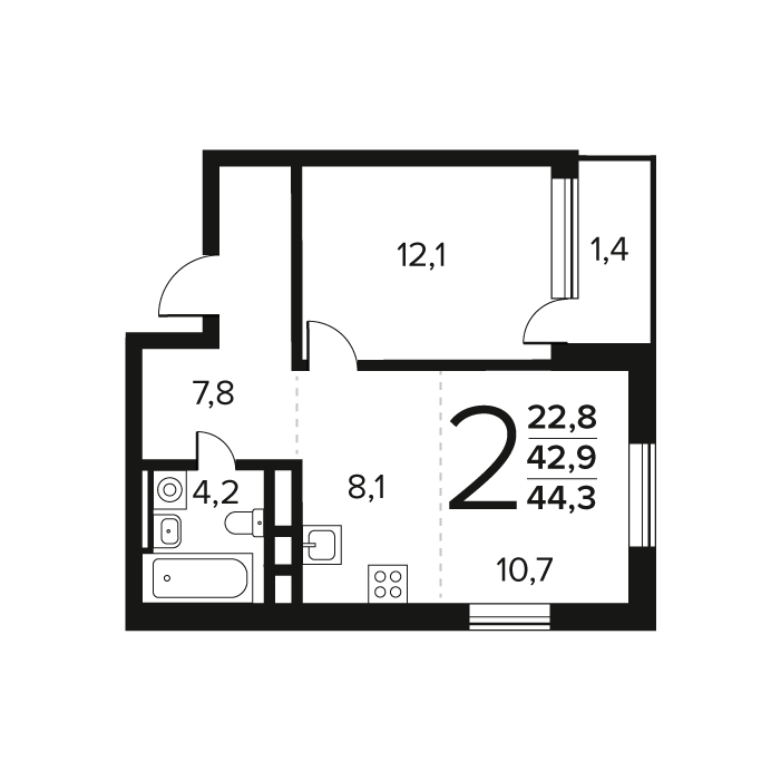 2 ккв (Евро) 44,3 м²