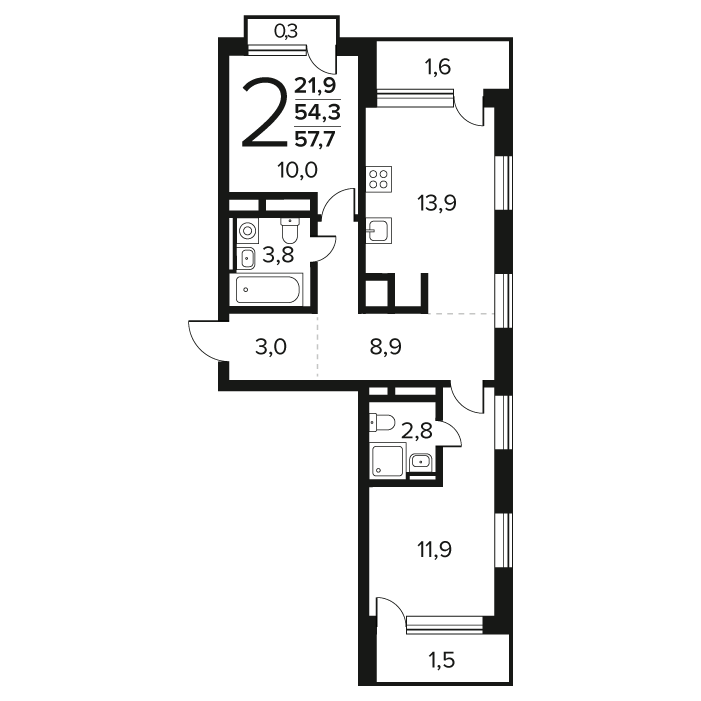 2 ккв 57,7 м²