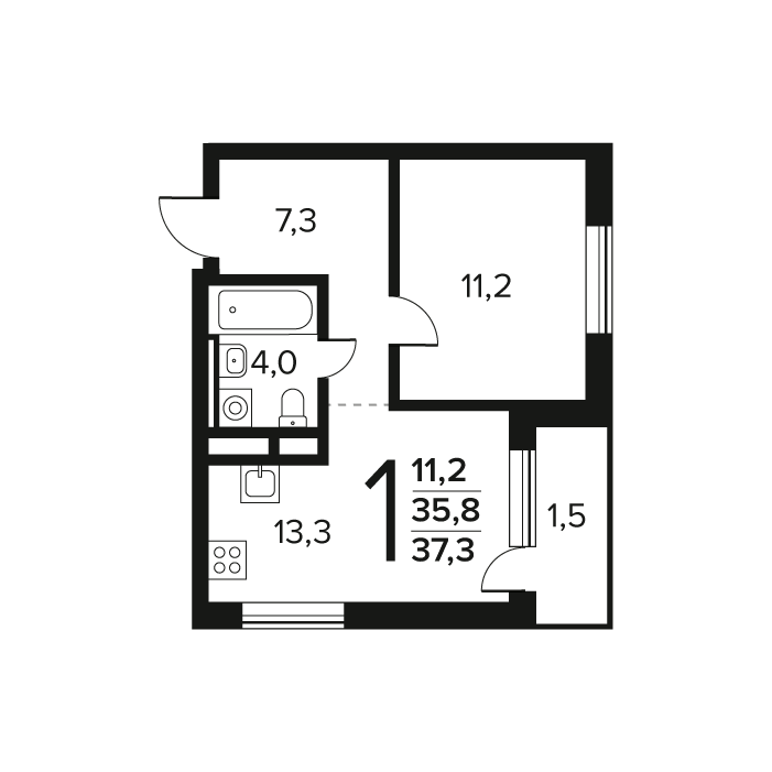 1 ккв 37,3 м²