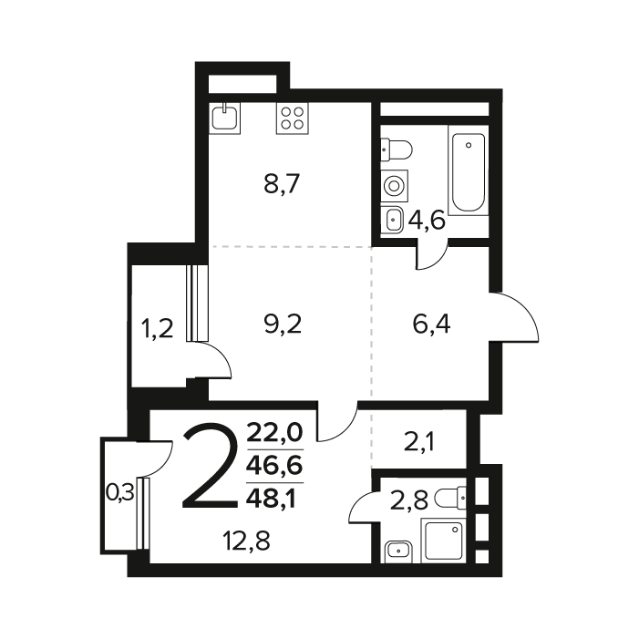 2 ккв (Евро) 48,1 м²