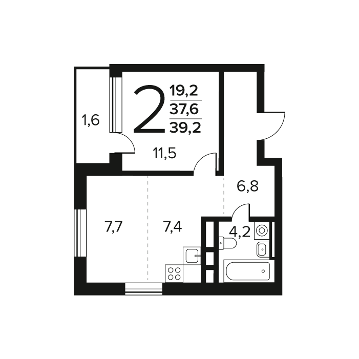 2 ккв (Евро) 39,2 м²