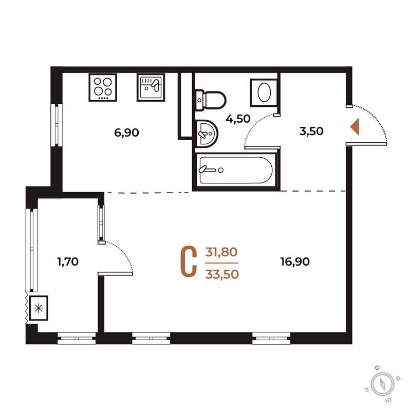 Студия 33,5 м²