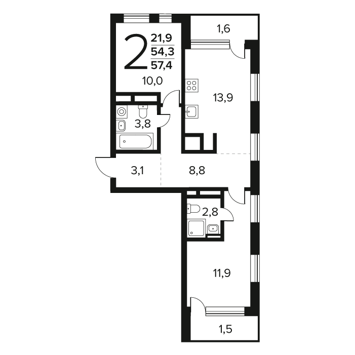 2 ккв 57,4 м²