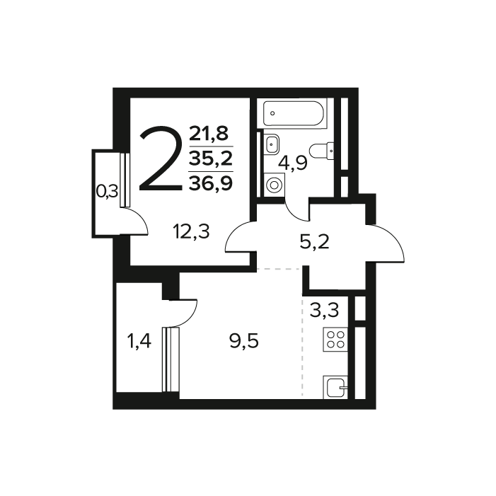 1 ккв 36,9 м²