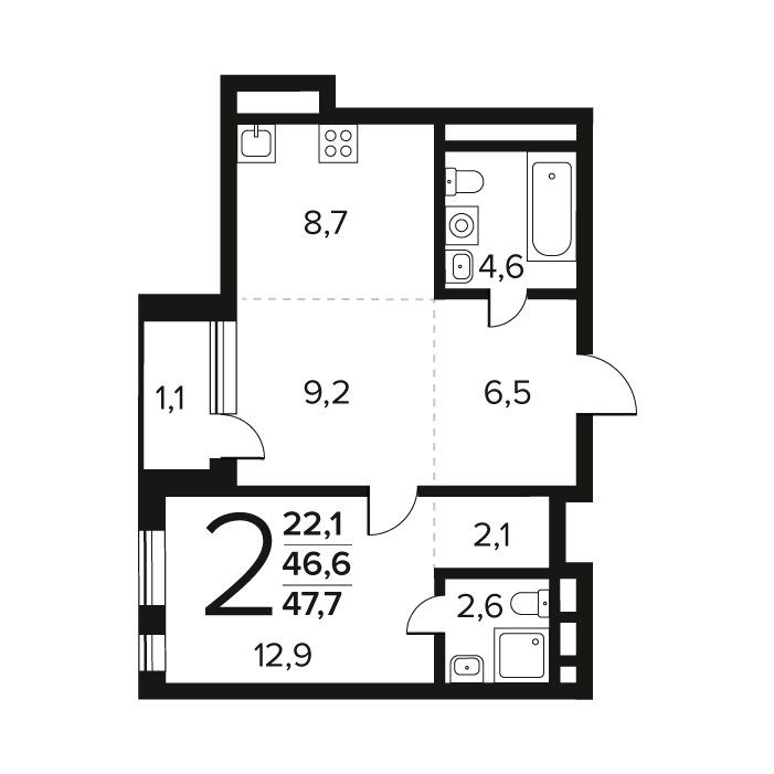 2 ккв (Евро) 47,7 м²