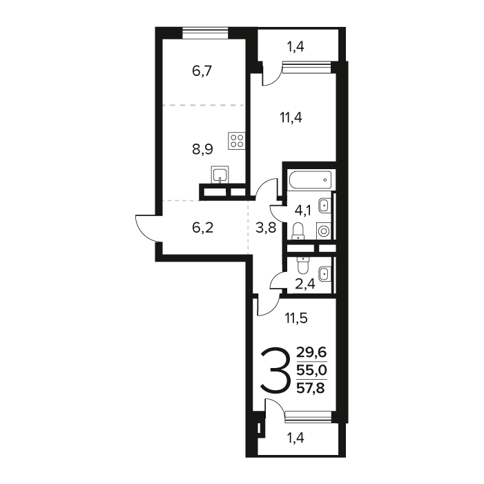 3 ккв (Евро) 57,8 м²