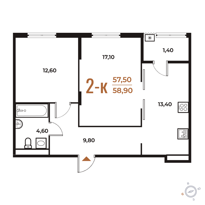 2 ккв 58,9 м²