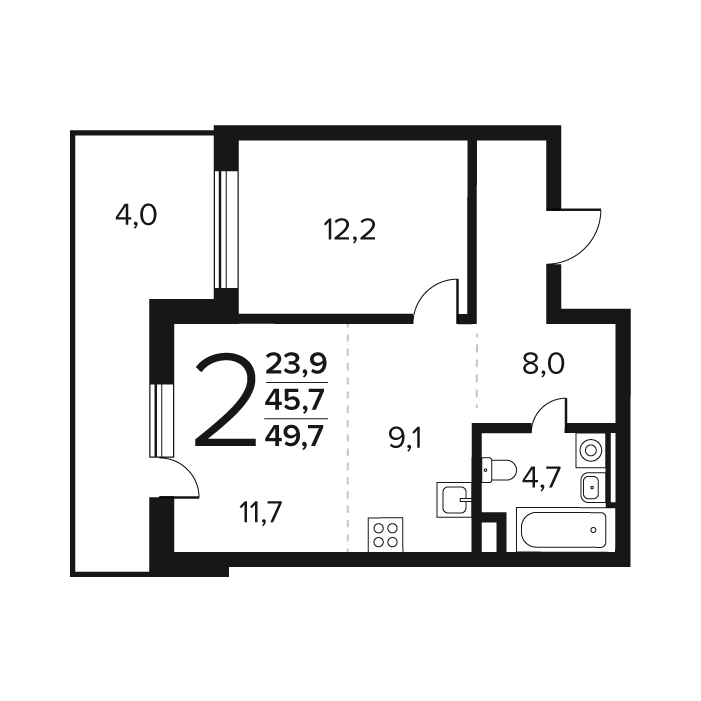 2 ккв (Евро) 49,7 м²