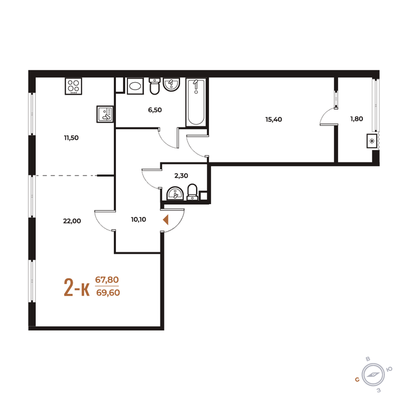 2 ккв (Евро) 69,6 м²