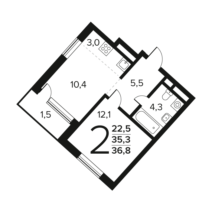 1 ккв 36,8 м²