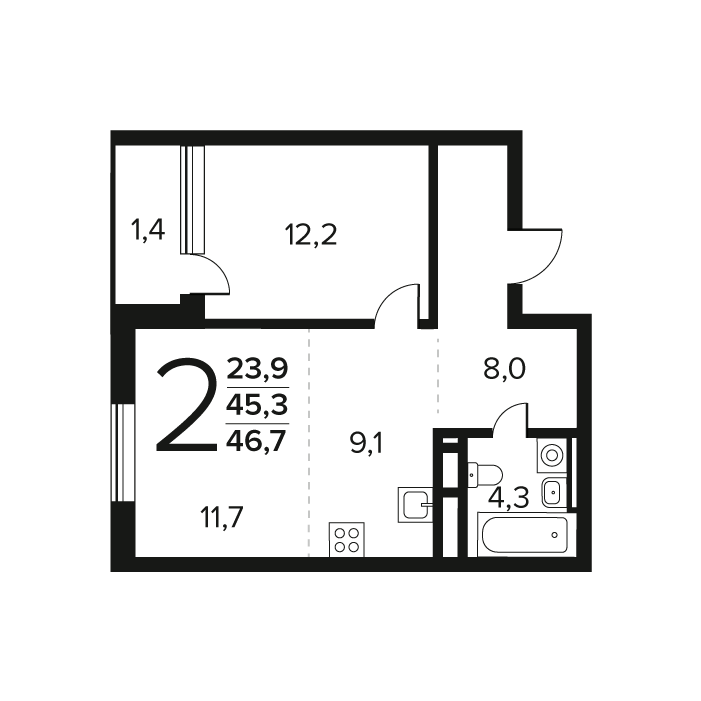 2 ккв (Евро) 46,7 м²