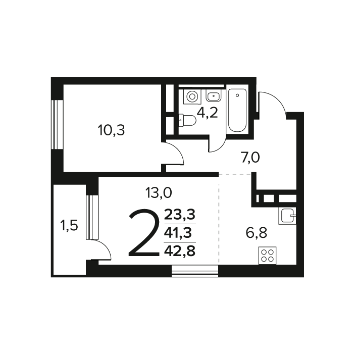 2 ккв (Евро) 42,8 м²