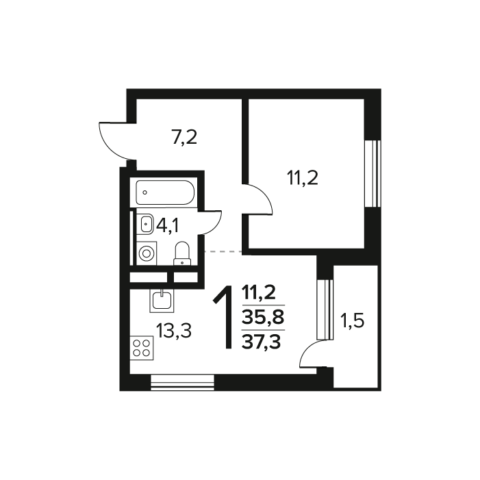 1 ккв 37,3 м²