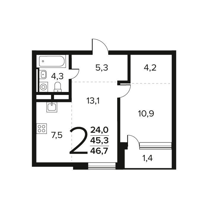 2 ккв (Евро) 46,7 м²