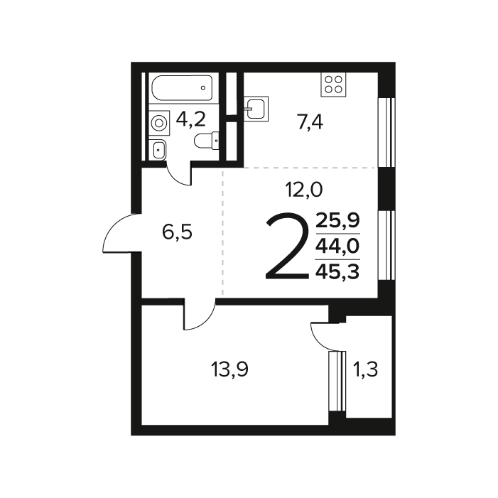 2 ккв (Евро) 45,3 м²