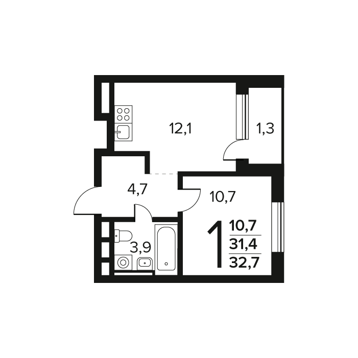 1 ккв 32,7 м²
