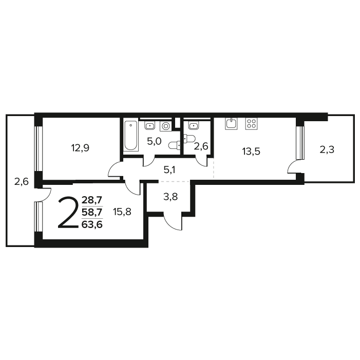 2 ккв 63,6 м²