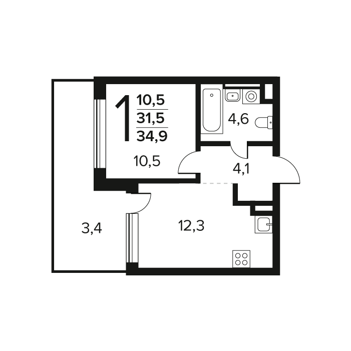 1 ккв 34,9 м²