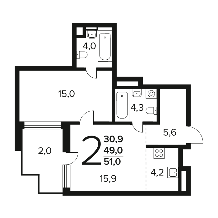 2 ккв (Евро) 51 м²