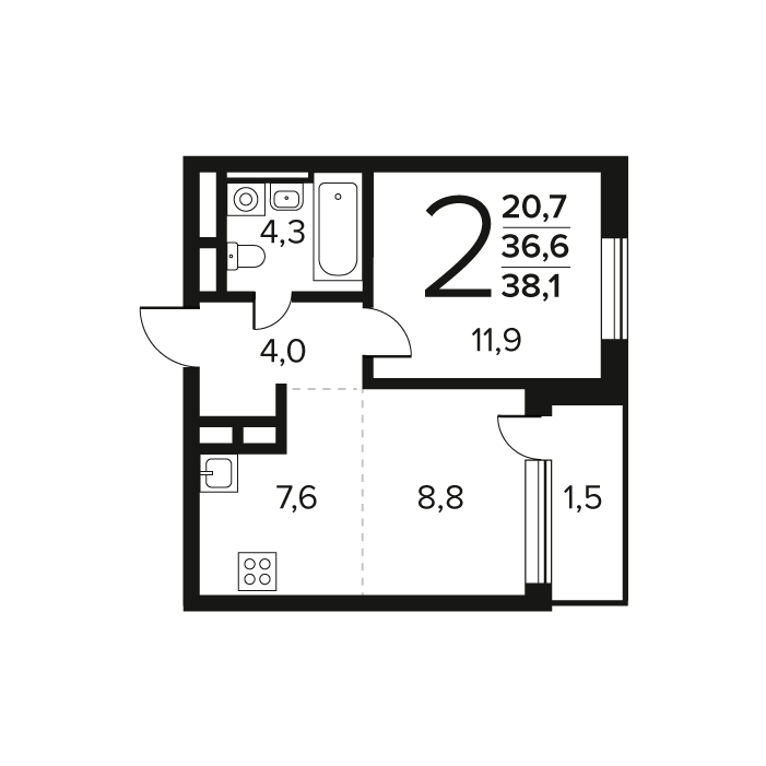 2 ккв (Евро) 38,1 м²