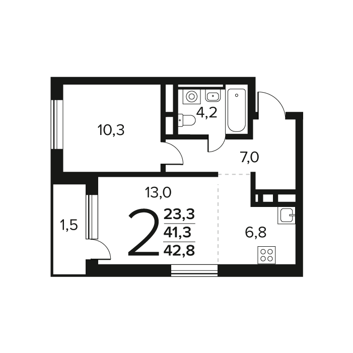 2 ккв (Евро) 42,8 м²