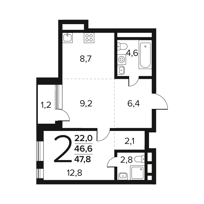 2 ккв (Евро) 47,8 м²