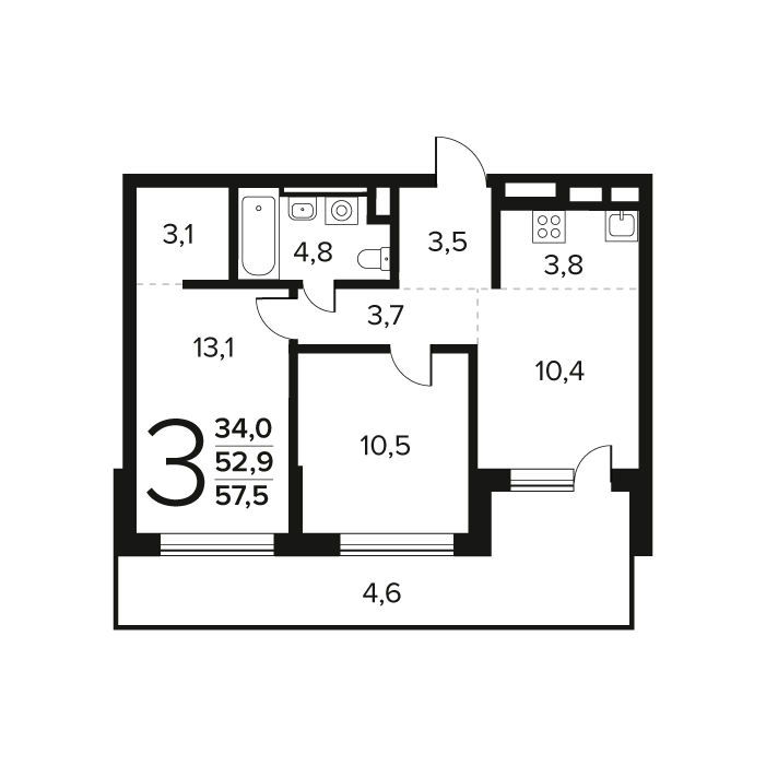2 ккв 57,5 м²