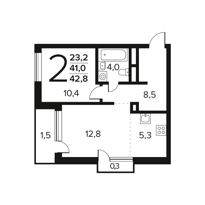 2 ккв (Евро) 42,8 м²