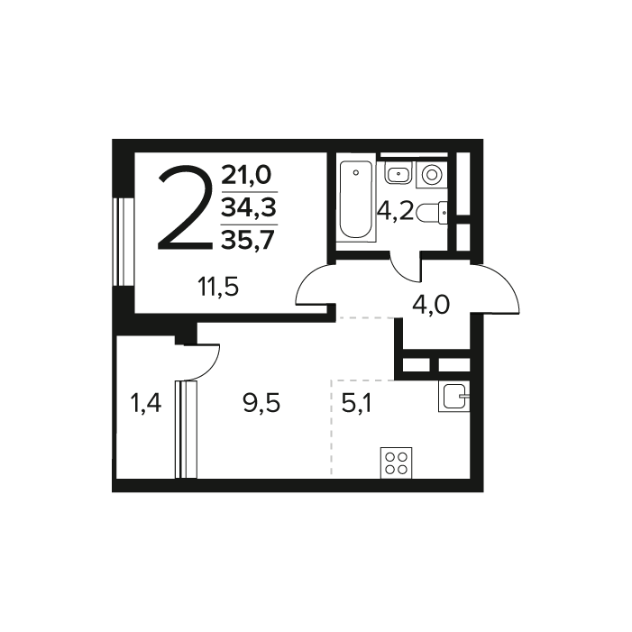 1 ккв 35,7 м²