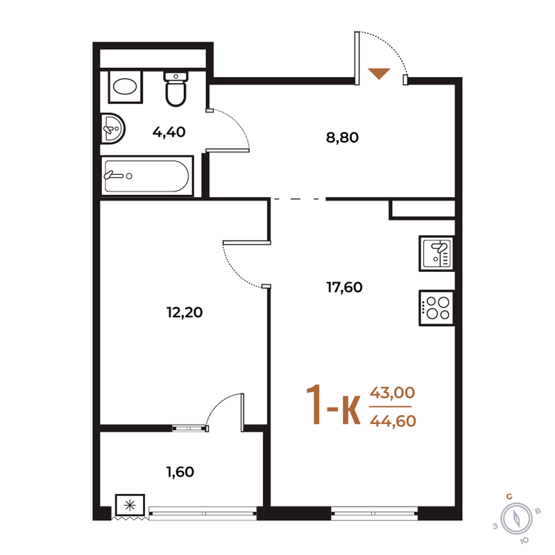 2 ккв (Евро) 44,6 м²