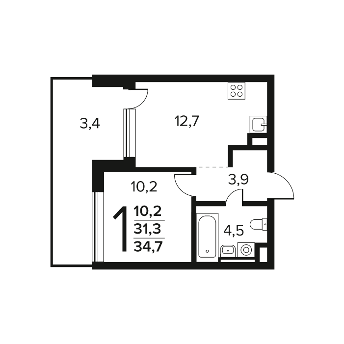 1 ккв 34,7 м²