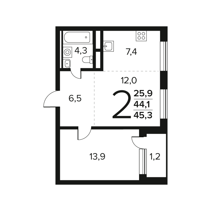 2 ккв (Евро) 45,3 м²