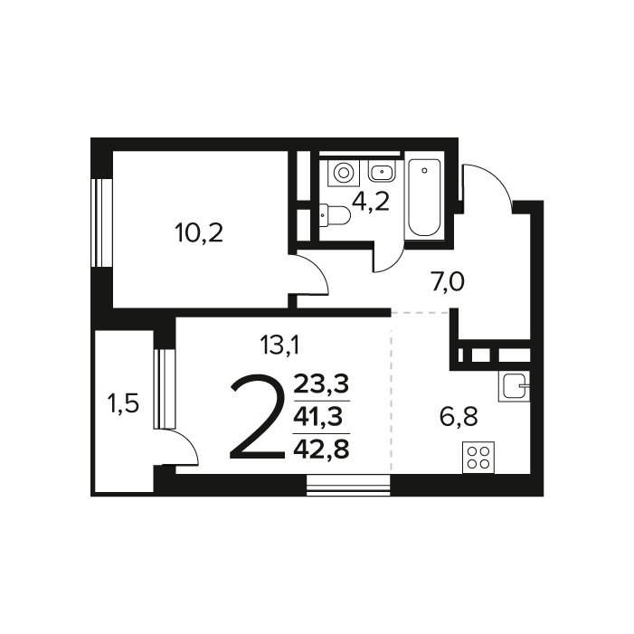2 ккв (Евро) 42,8 м²