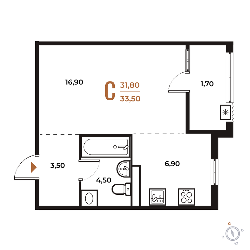 Студия 33,5 м²