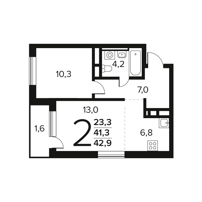 2 ккв (Евро) 42,9 м²