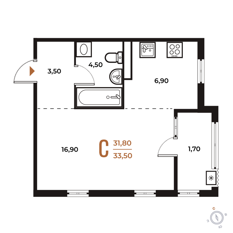 Студия 33,5 м²