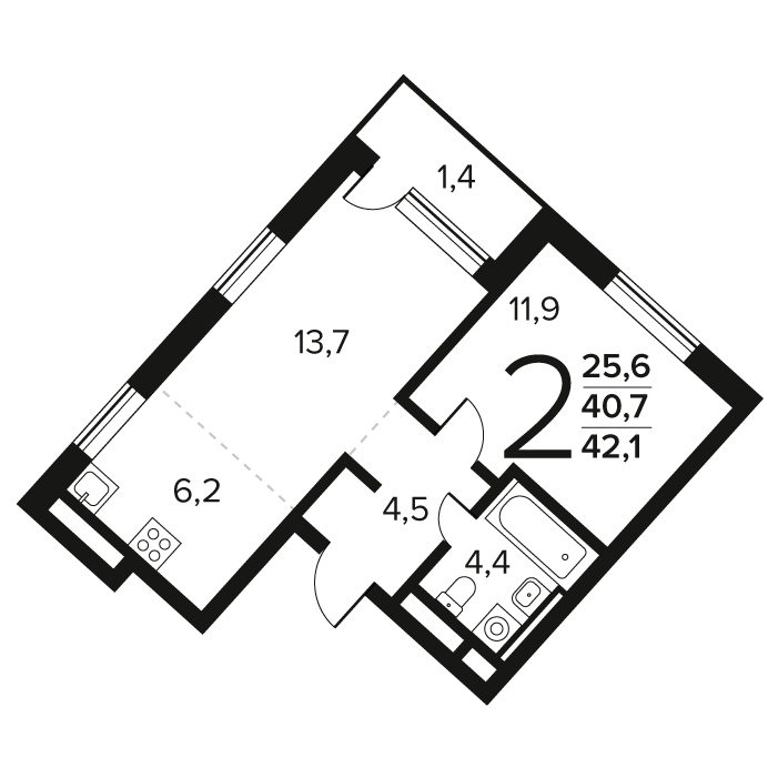 2 ккв (Евро) 42,1 м²