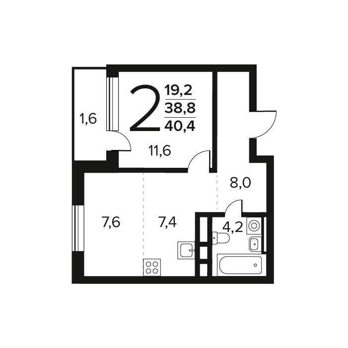 2 ккв (Евро) 40,4 м²