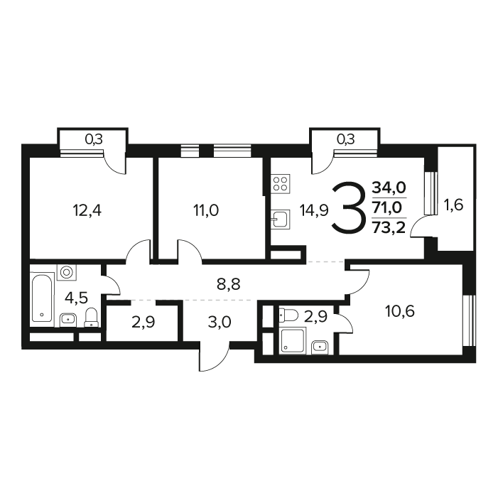 3 ккв 73,2 м²