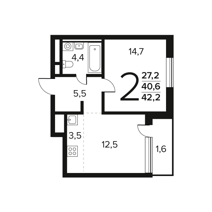 2 ккв (Евро) 42,2 м²