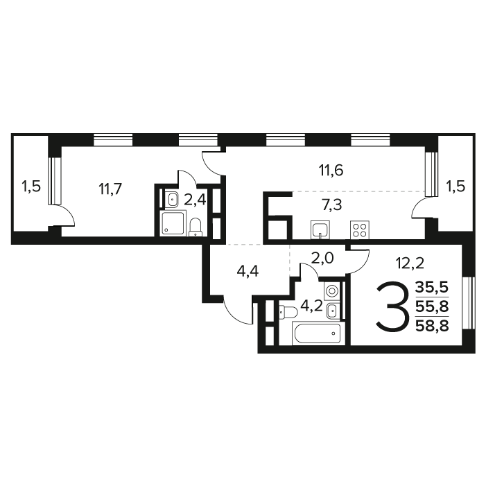 3 ккв (Евро) 58,8 м²