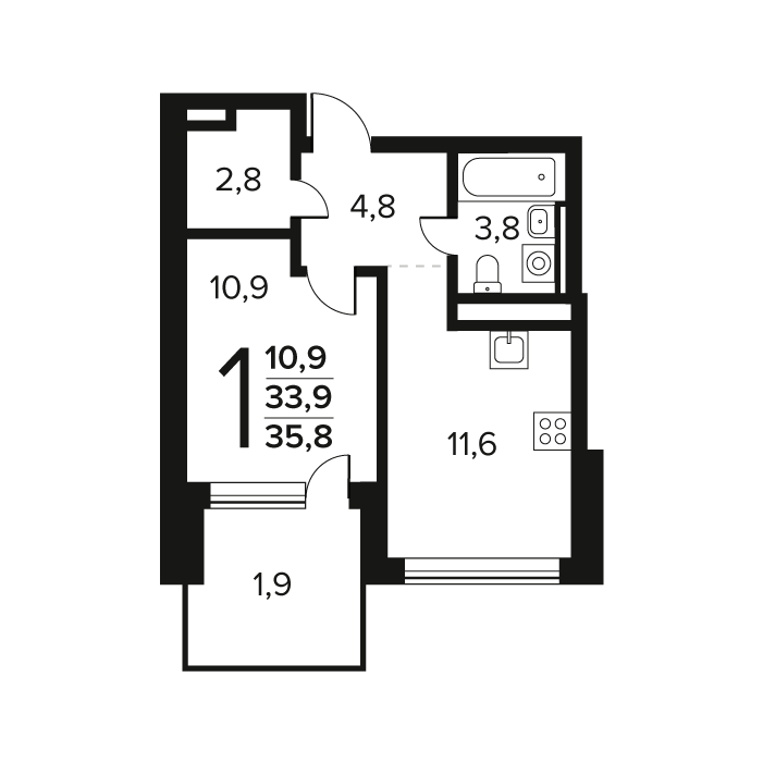 1 ккв 35,8 м²