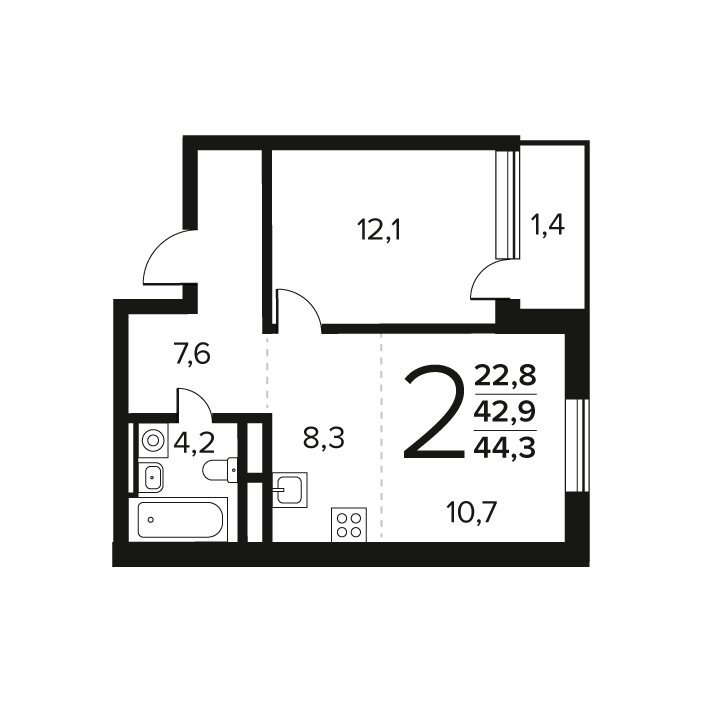 2 ккв (Евро) 44,3 м²
