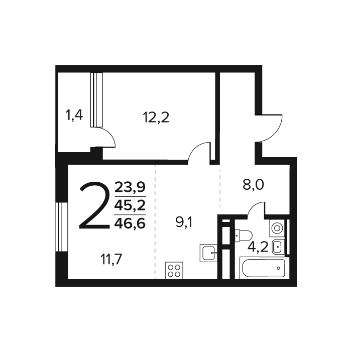 2 ккв (Евро) 46,6 м²