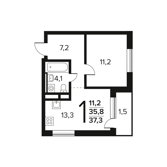 1 ккв 37,3 м²