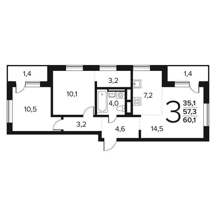 3 ккв (Евро) 60,1 м²