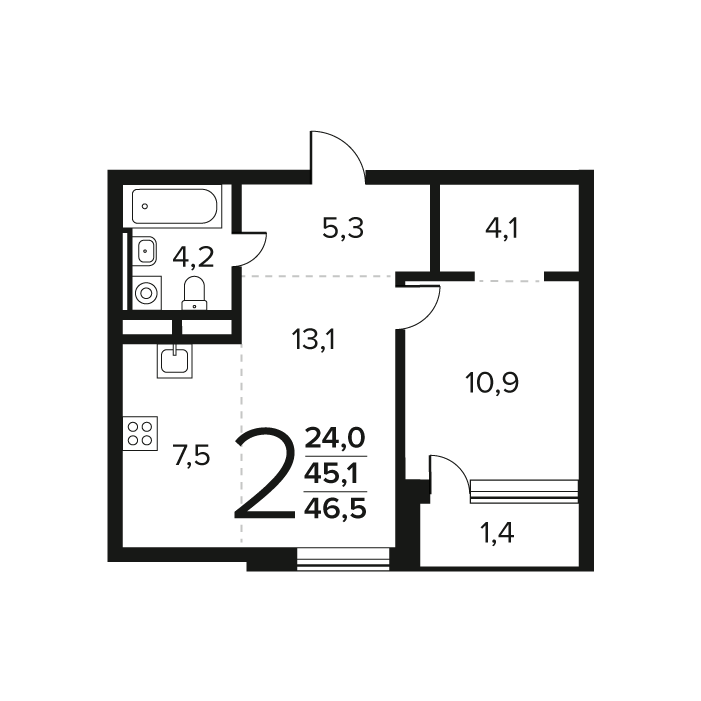 2 ккв (Евро) 46,5 м²