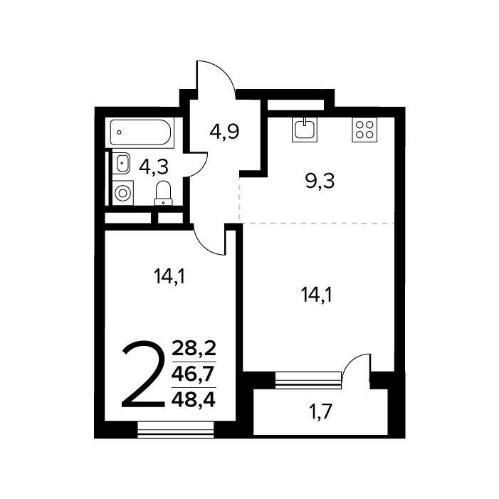 2 ккв (Евро) 48,4 м²