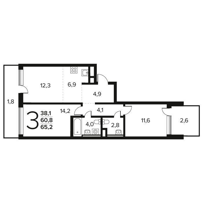 3 ккв (Евро) 65,2 м²