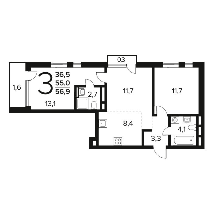 3 ккв (Евро) 56,9 м²